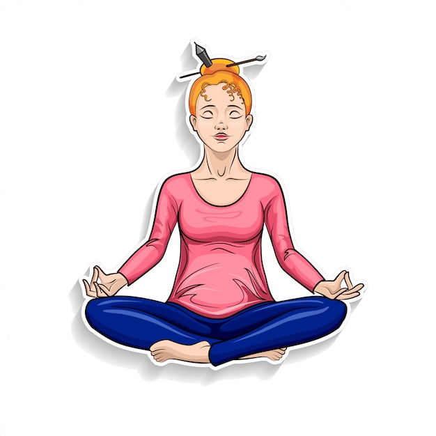 Cartoon girl meditating in lotus pose