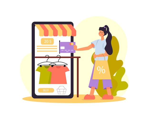 Cartoon girl pays by credit card through phone Buying gifts in online shops Shoppers buying on internet sale Special offers and discounts Vector illustration