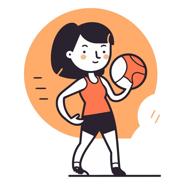Vector cartoon girl playing basketball in thin line style