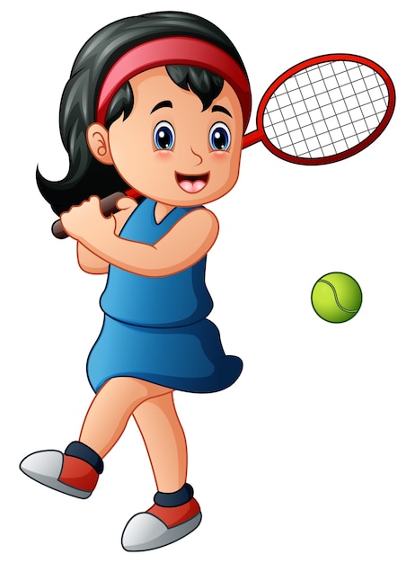 Vector cartoon girl playing tennis