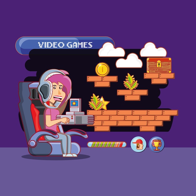 Cartoon girl playing video game with related icons around over purple background