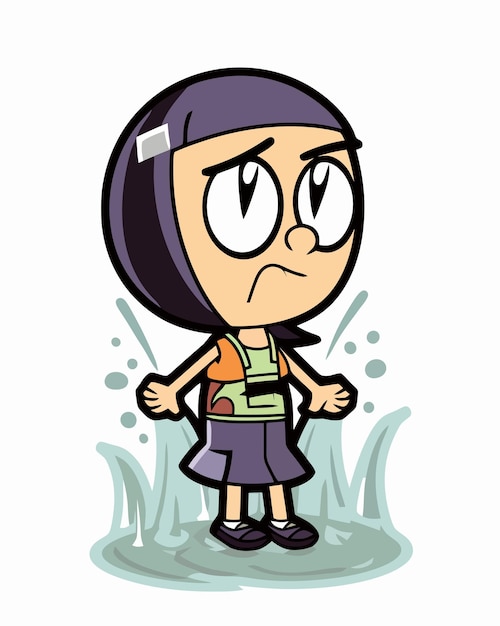 A cartoon girl in a raincoat with a purple hat and purple cap stands in a puddle.