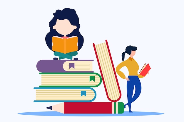 A cartoon of a girl reading a book next to a stack of books