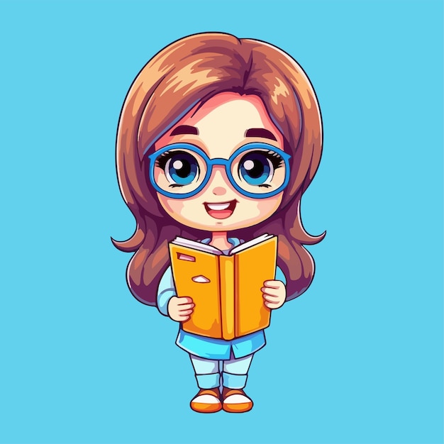 Cartoon girl reading a book with glasses and blue eyes.