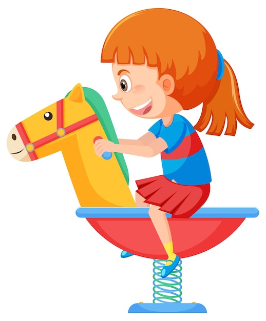 Cartoon girl riding on spring rocking horse