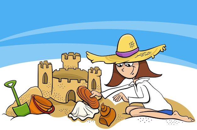 Мультяшная девушка и замок из песка на пляже во время летних каникул