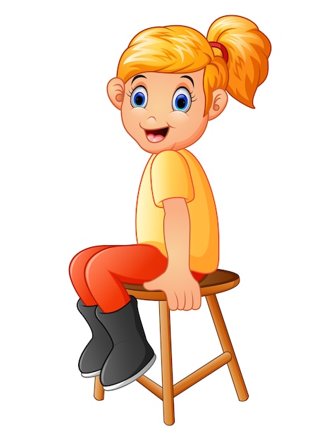 La ragazza del fumetto si siede sulla sedia di legno