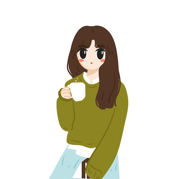 cartoon girl sitting and drinking a cup of coffee