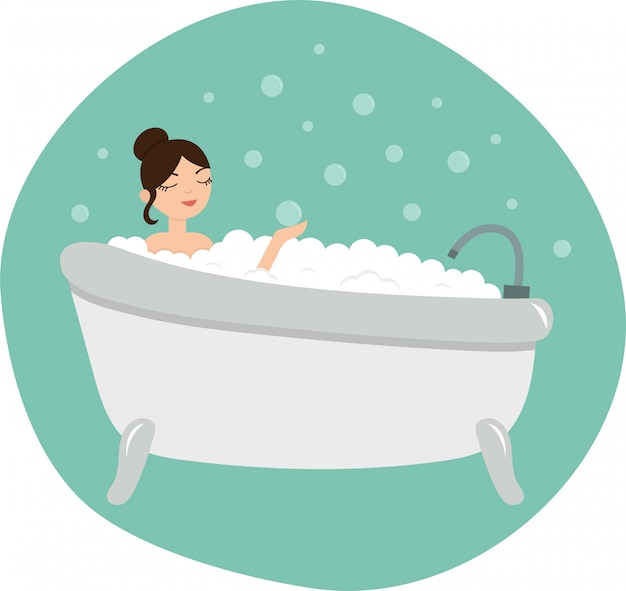 Cartoon girl takes a bubble bath. flat style vector illustration.