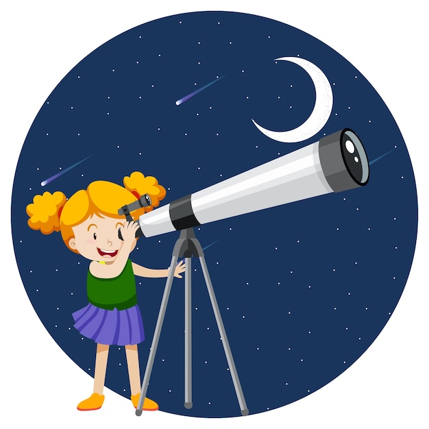 Вектор Мультяшная девушка через телескоп ночью