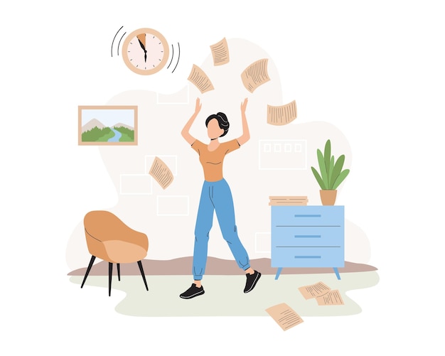 Vector cartoon girl throws work papers into air process of managing and planning schedule deadline time management strategy vector illustration on white background