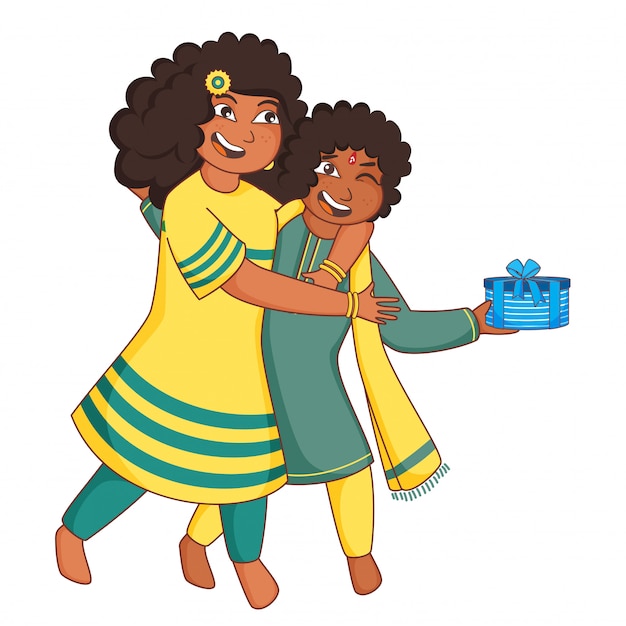 Vector cartoon girl trying to snatch gift box from boy on white background.