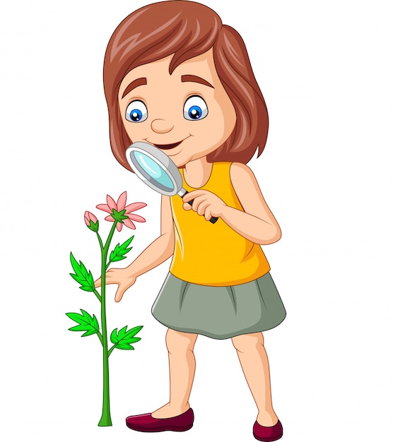 Vector cartoon girl using a magnifying glass and looking at flowers