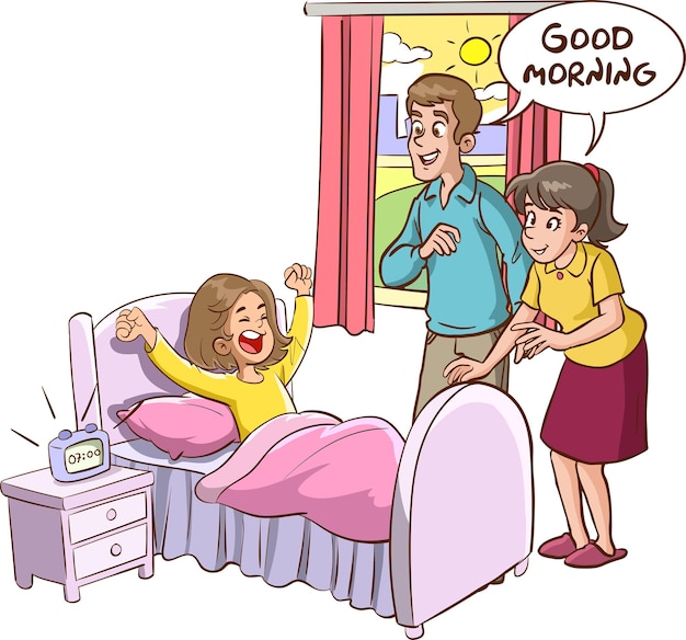 A cartoon of a girl waking up in her bed with the words good morning.