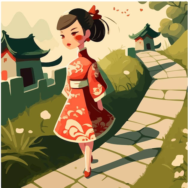 Vector a cartoon of a girl walking down a path with a chinese house in the background.