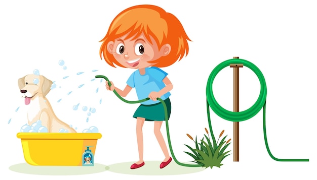 Vector cartoon girl washing her dog