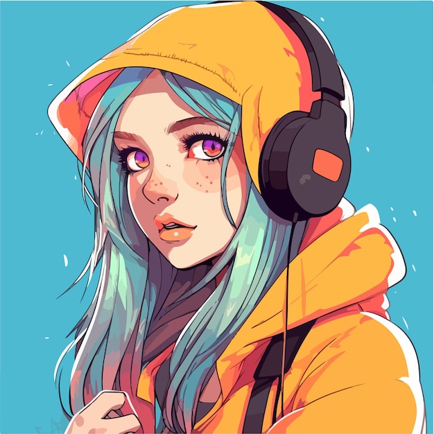 Premium Vector | A Cartoon Girl With Blue Hair And A Yellow Hoodie.
