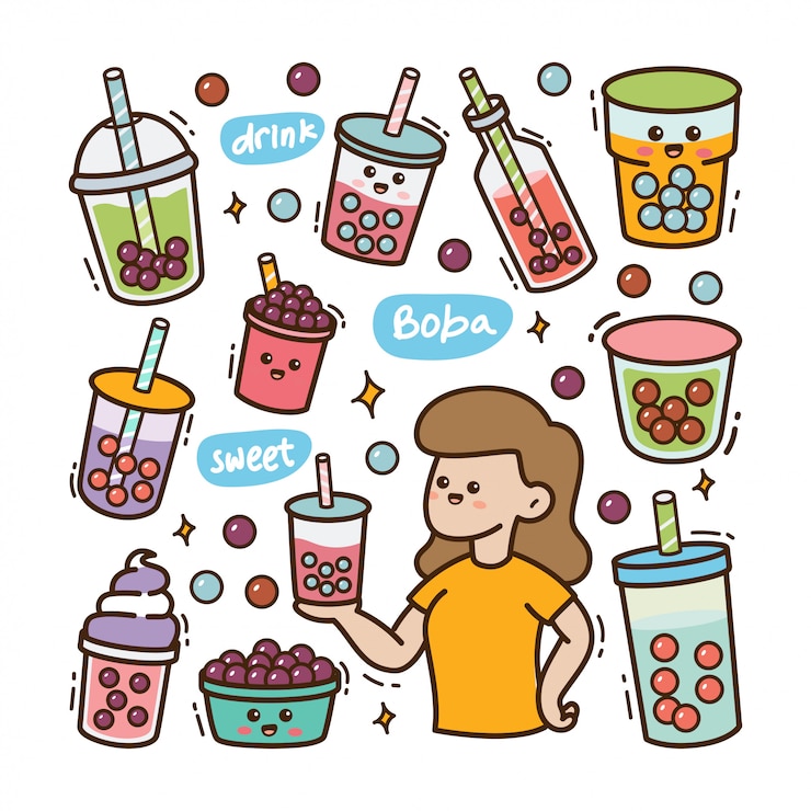 Vector cartoon girl with boba kawaii doodle illustration