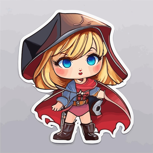 A cartoon of a girl with a cape and a hat that says 