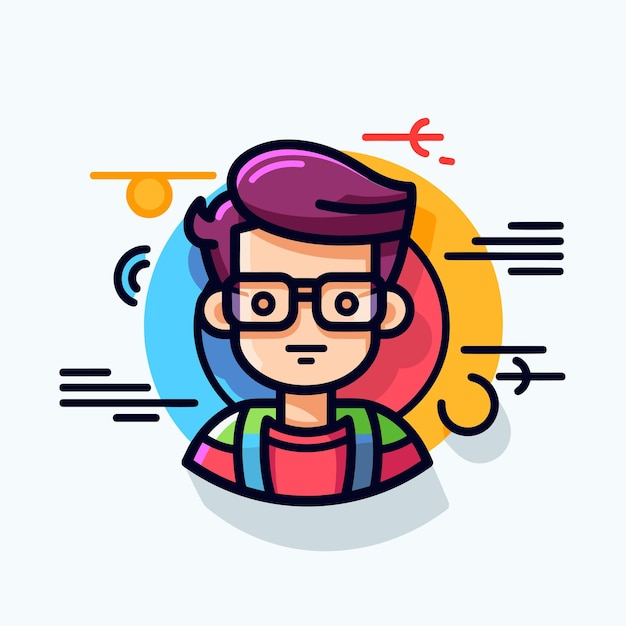 Vector a cartoon of a girl with glasses and a colorful shirt with the word 