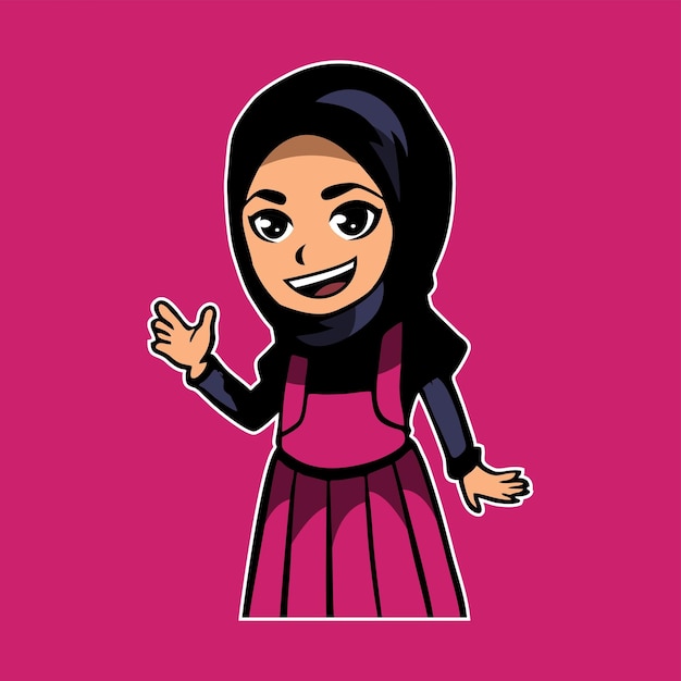 A cartoon girl with a hijab on her head is waving.