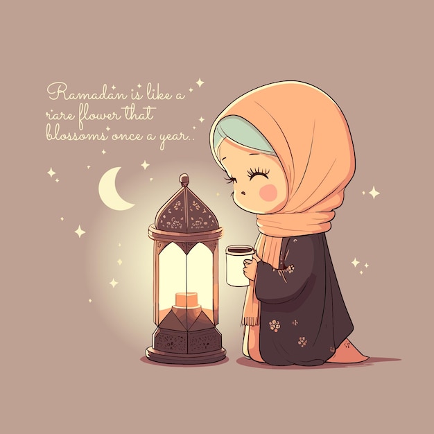 A cartoon of a girl with a lantern and the words Ramadan