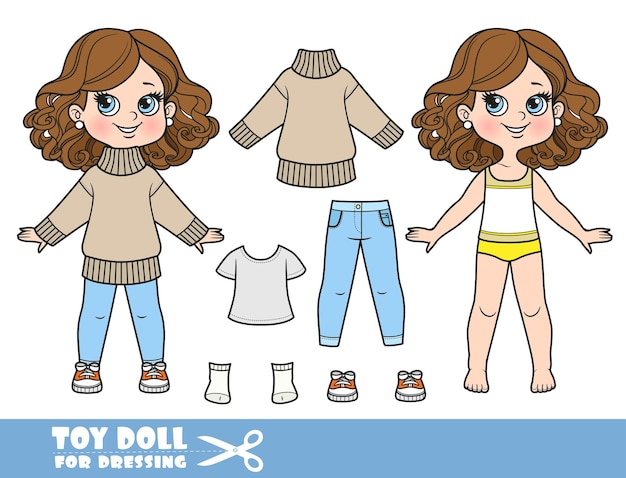 Vector cartoon girl with lush curly chestnut hairstyle dressed and clothes separately beige warm sweater tshirt jeans and sneakers doll for dressing