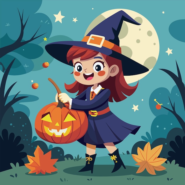 a cartoon girl with a pumpkin and a witch hat