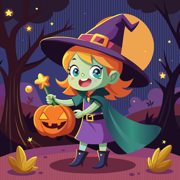 a cartoon girl with a pumpkin and a witch hat