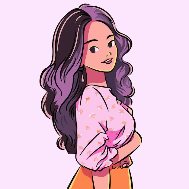 A cartoon girl with purple hair and a pink shirt.