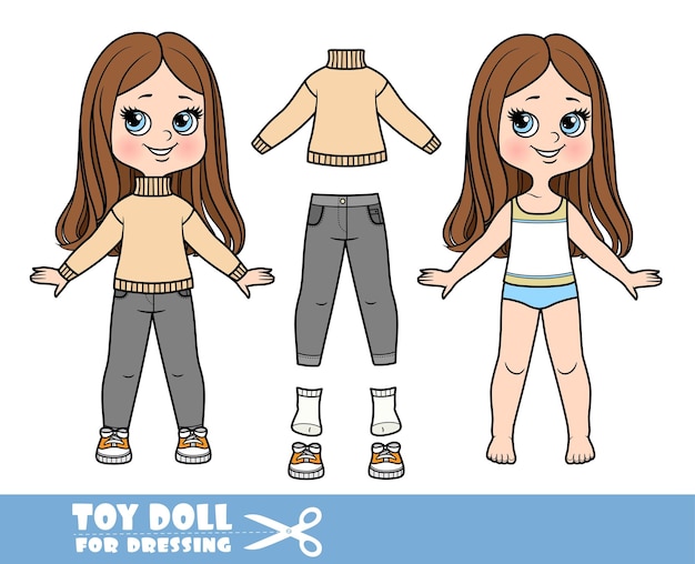 Vector cartoon girl with straight hair dressed and clothes separately beige warm sweater jeans and sneakers doll for dressing