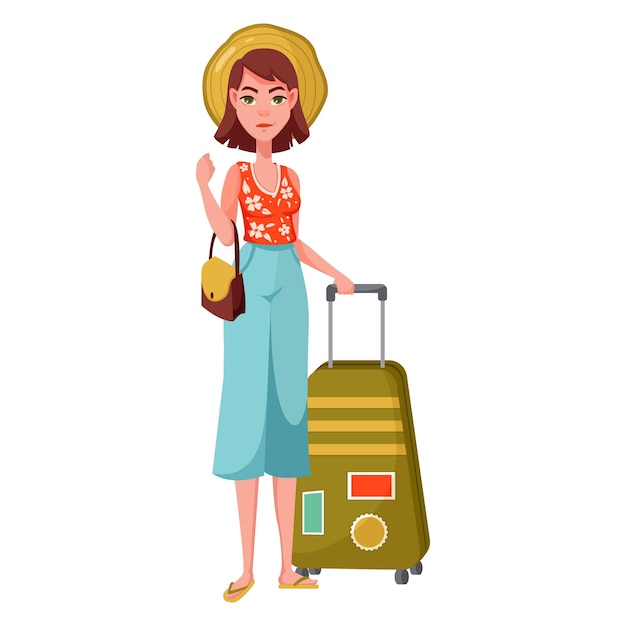 Vector cartoon girl with suitcase