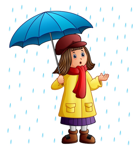 Vector cartoon girl with umbrella standing under the raindrops