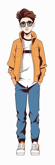 A cartoon of a girl with a white shirt and blue jeans.