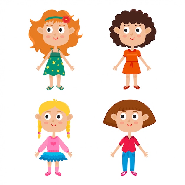 Vector cartoon girls isolated on white. characters set of stylish kids.