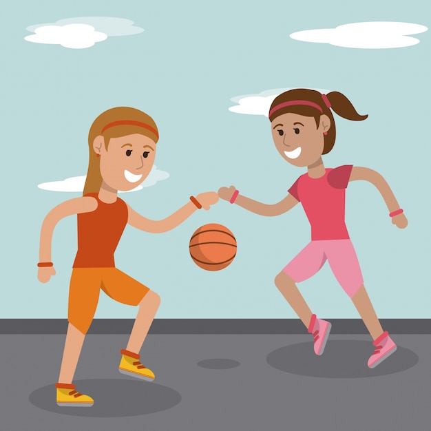 Vettore ragazze del fumetto che giocano l'immagine di sport di pallacanestro