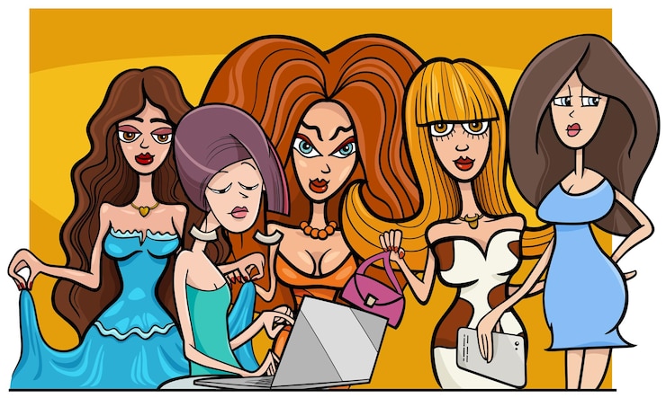 Vector cartoon girls or women comic characters group