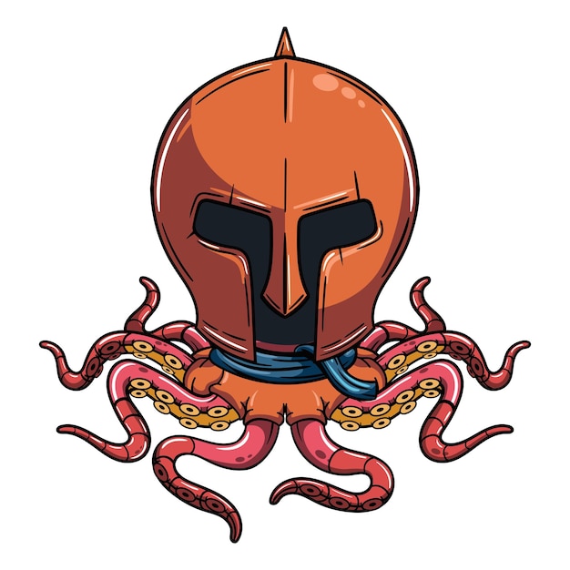 Vector cartoon gladiator cyborg octopus personage met middeleeuwse helm illustratie voor fantasy science fiction en avontuurlijke strips