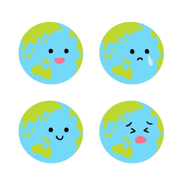 Vector cartoon globe earth face with emotion icons earth with expressions