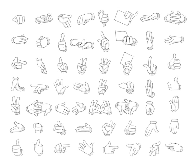 Cartoon gloved hands showing different symbols very big set vector illustration objects isolated on a white background