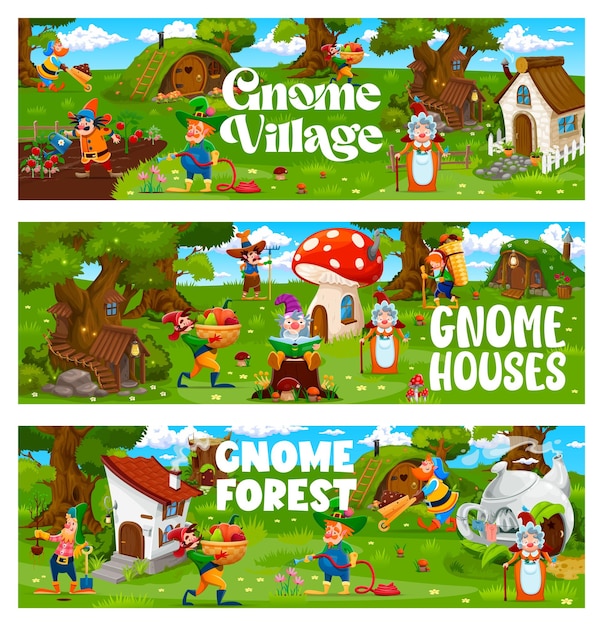 Vector cartoon gnome and elf characters at fairytale village vector horizontal banners with cute dwarfs or hobbits whimsical personages gardening harvesting care of plants in fantasy town with funny homes
