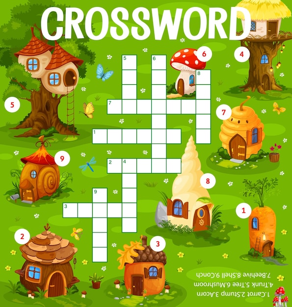 Cartoon gnome houses in fairy forest crossword