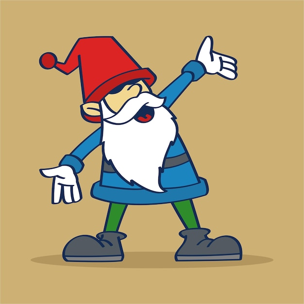 A cartoon of a gnome with a blue shirt and green pants tada style hand drawing vintage style
