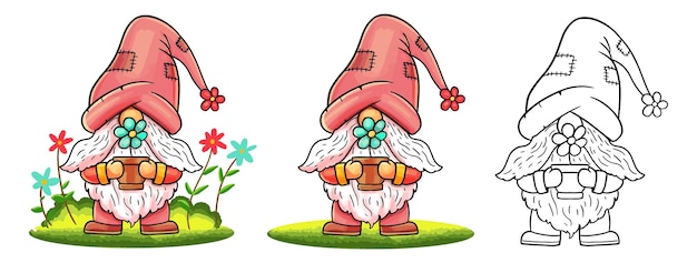 Vector a cartoon of a gnome with a flower pot cute gnome with flower cute gnome standing