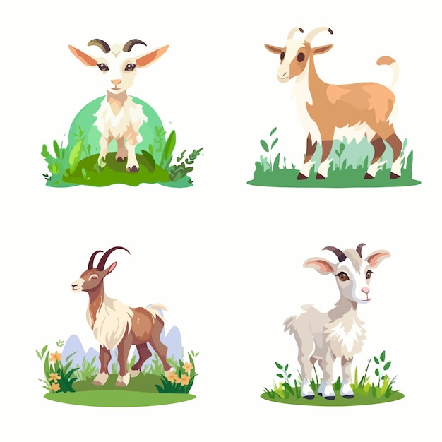 Cartoon goat with different poses in meadow grass flat vector