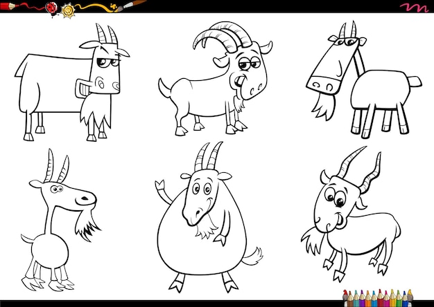 Cartoon goats farm animal characters set coloring page