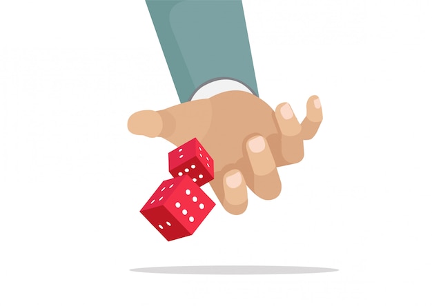 Cartoon, gokken en zakelijke risico concept, zakenman hand gooien dobbelstenen, neem een kans.