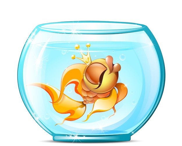 Vector cartoon gold beautiful fish girl in aquarium with crown