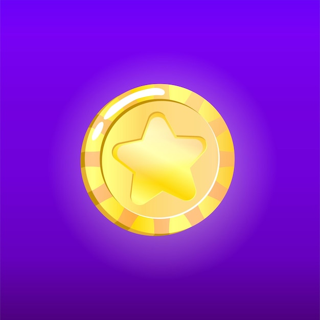 Cartoon gold game coin isolated Vector illustration design element Button for game ui design Gold money with star for token bonus