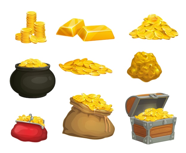 Cartoon golden coins nugget chest and wallet or bag pot of gold vector game asset Gold and golden coins of pirate treasure money bank and secret box of game reward bonus